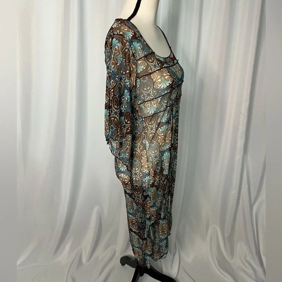 Brown, Tan & Blue Geometric Pattern Sheer Square Neck Dress or Cover-Up - Picture 5 of 10